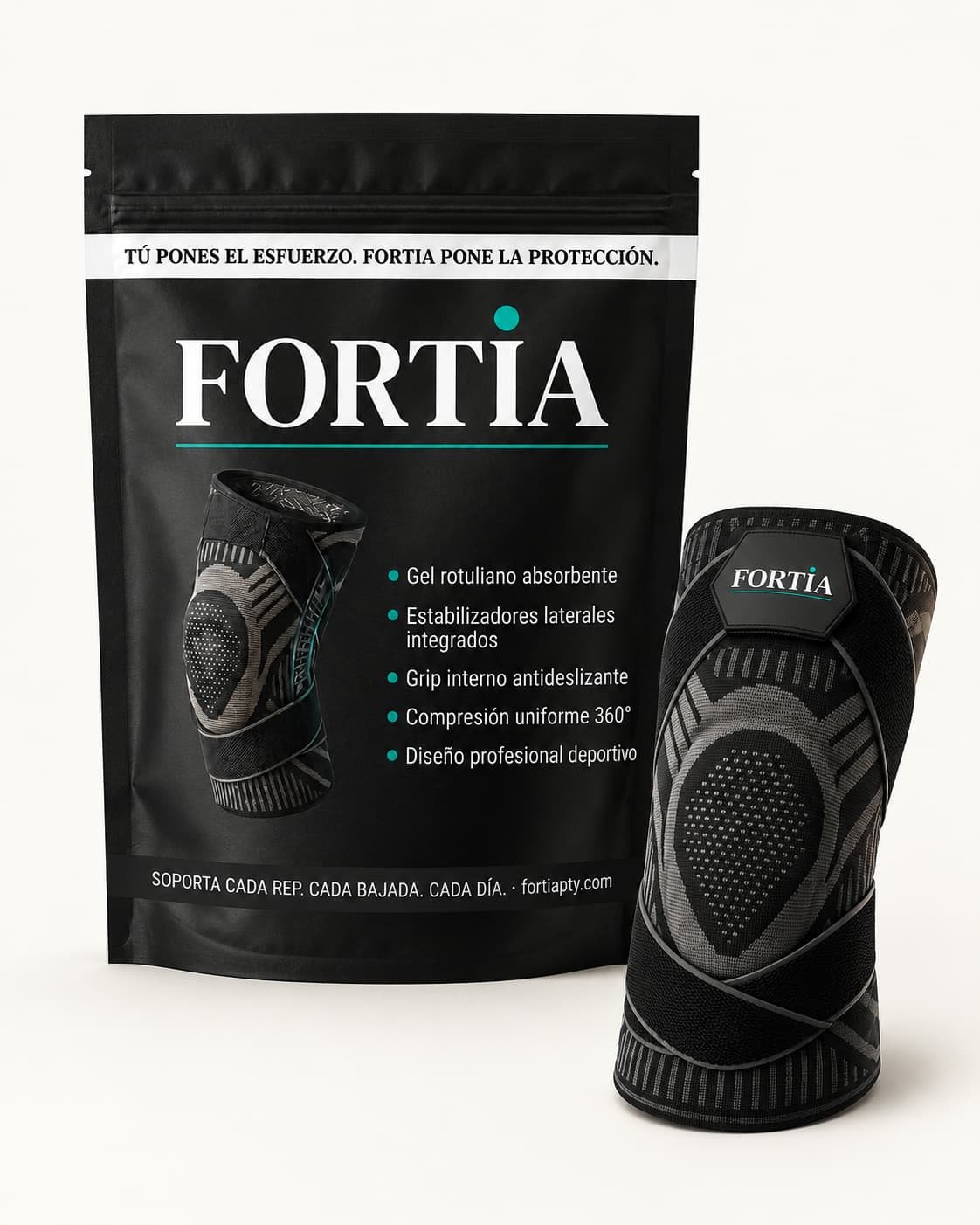 Empaque original Fortia junto a rodillera deportiva